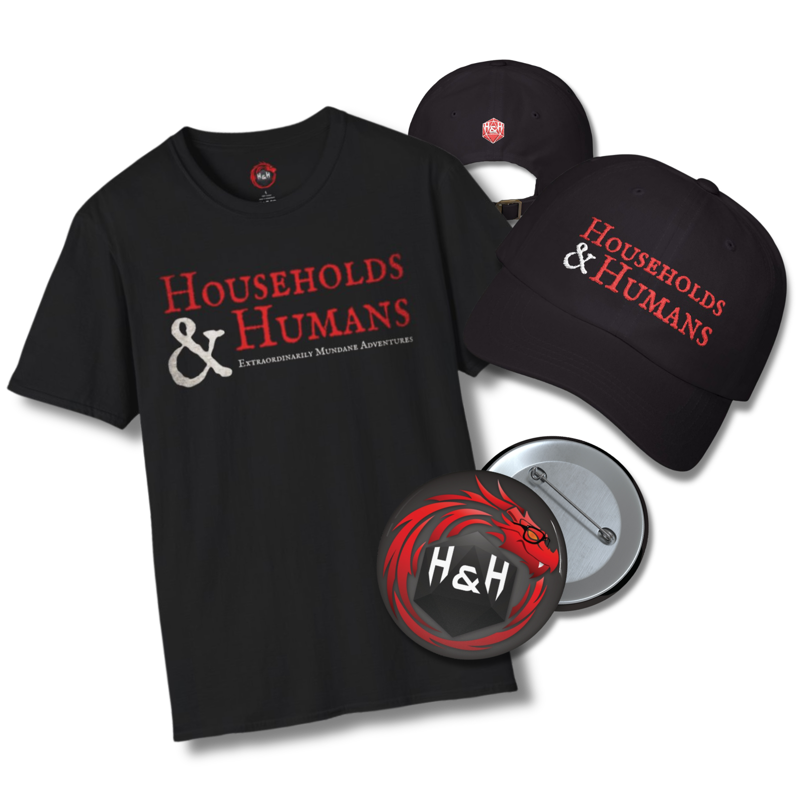 Households & Humans merch preview (shirt, hats, and button)